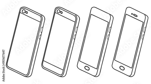 Outline drawing of four smartphones in isometric perspective