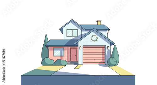 Charming modern suburban family house illustration with garage and driveway, depicting a cozy residential dwelling in a minimalist flat design style, perfect for real estate or neighborhood concepts