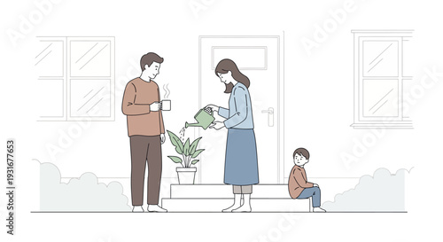 Everyday family life at home Minimalist illustration of a mother watering a plant, a father drinking coffee, and a child sitting quietly by the doorstep