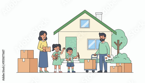 A cheerful family stands in front of their new home surrounded by moving boxes, symbolizing a fresh start and the joy of relocation
