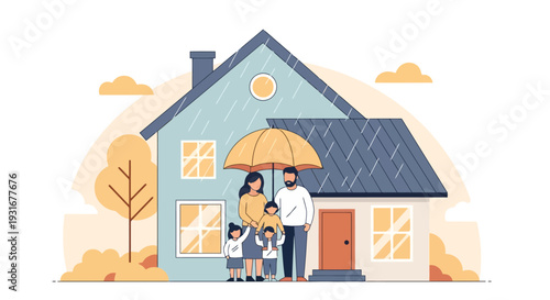Illustration of a family protected under an umbrella in front of their house during rain, symbolizing home insurance, property safety, and family security concepts