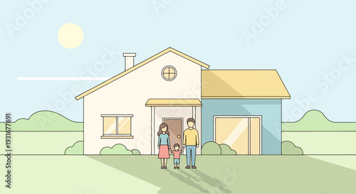 Cheerful cartoon family portrait standing proudly in front of their cozy new home under the bright sunshine, symbolizing happy domestic life and property ownership