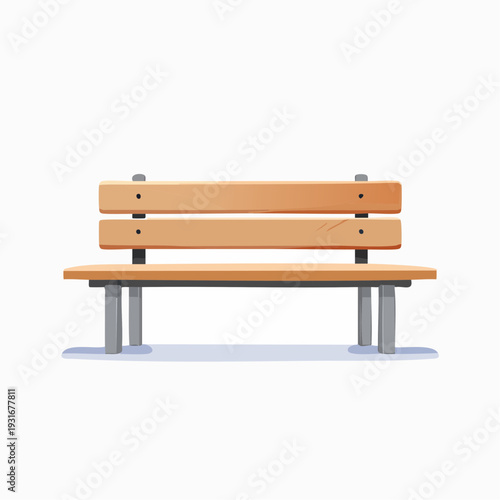 A simple wooden park bench with metal legs on a white background, clean illustration
