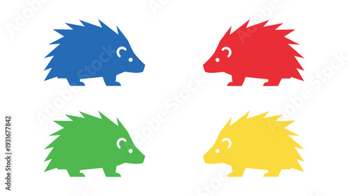 Colorful cartoon hedgehogs in vibrant shades of blue, red, green, and yellow