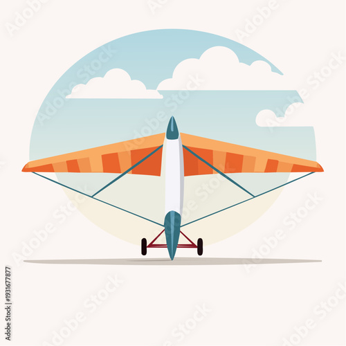 Vibrant orange and white hang glider poised against a clear sky with fluffy clouds, ready for an exhilarating flight adventure