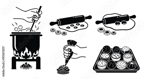 Black and white illustration set of baking elements including a pot, rolling pins, dough, and a tray of pastries on a clean white background with a flat lay composition.