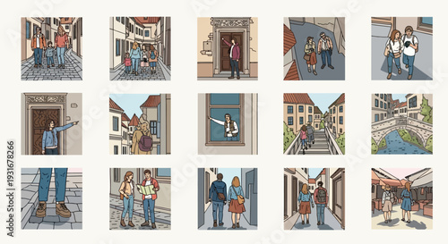 A grid of 15 hand-drawn illustrations depicting various scenes of people interacting in charming European-style town streets and buildings.