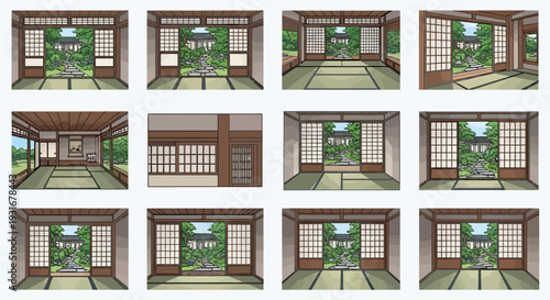 A grid of twelve illustrations showing traditional Japanese rooms with tatami mats and shoji screens, each offering a view of a serene garden with a stone lantern.