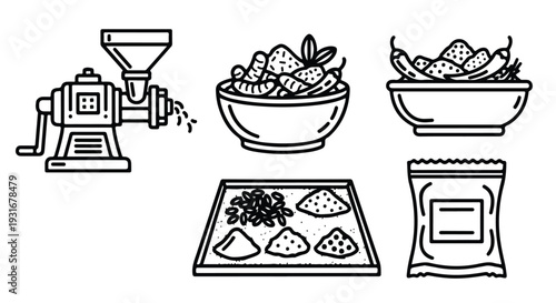 Black and white line drawing of various coffee related items including a grinder, bowls of beans, a bag, and a tray with ground coffee and coffee beans.