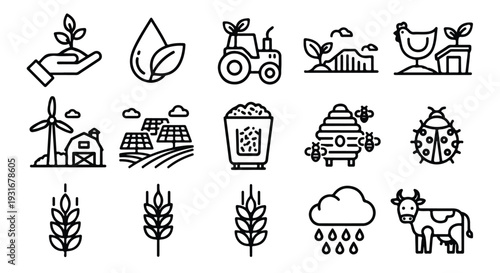 A set of black line icons depicting various sustainable and eco-friendly concepts on a white background.