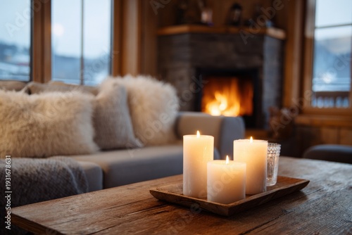 Cozy living room with lit candles and fireplace ambiance in winter