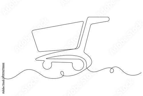 A minimalist line drawing of a shopping cart with a single wheel and handle