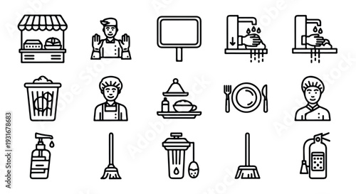 A collection of 14 black and white line icons depicting various restaurant and cleaning service concepts on a plain white background.