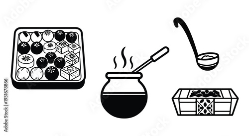 Black and white illustration of coffee beans in a bag, a pot of coffee, and a ladle on a plain background.