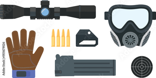 Flat design tactical gear set with rifle scope gas mask gloves ammunition magazine target illustration isolated white