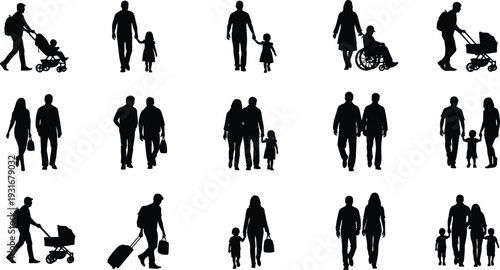 Family caregiving silhouettes collection, parents children stroller wheelchair vector illustration, lifestyle diversity artwork design graphic - flat vector illustration