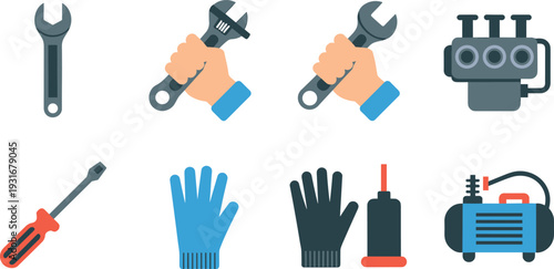 Flat design mechanic and construction tools icons set with wrench screwdriver gloves compressor engine illustration isolated