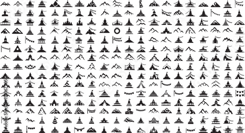 Collection of various Tibetan Buddhist symbols and landmarks icons  mountains temples prayer flags