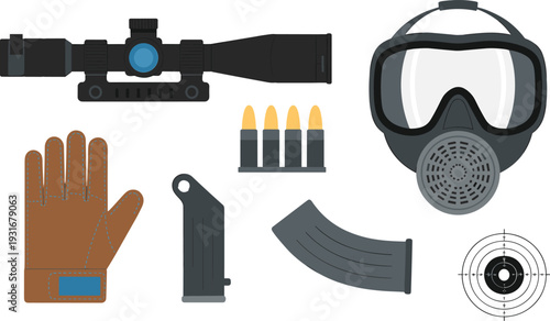Flat design tactical shooting equipment set with rifle scope gas mask gloves ammunition magazine target illustration isolated