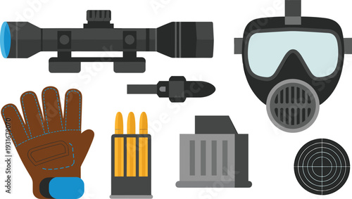 Flat design tactical shooting gear set with rifle scope gas mask gloves ammunition magazine target isolated illustration