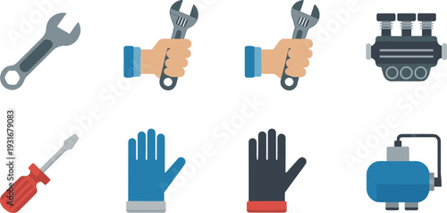 Flat mechanic and repair tools icons set with wrench screwdriver gloves engine compressor illustration isolated on white
