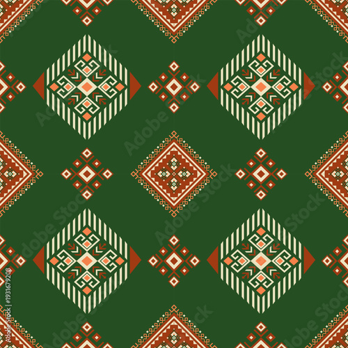 Green Orange Tribal Pattern Vintage Ethnic Geometric Seamless Carpet Design