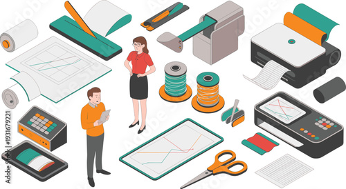 Isometric printing and publishing workflow illustration with printer cutter rolls charts operators equipment isolated white background