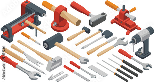 Isometric professional workshop tools set with drill lathe hammers wrenches screwdrivers woodworking equipment illustration isolated white
