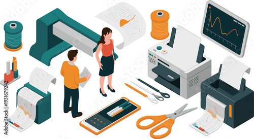 Isometric printing production workflow illustration with printers paper rolls charts operators equipment isolated white background