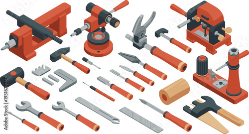 Isometric professional workshop tool collection with lathe drill hammers chisels wrenches woodworking equipment illustration isolated white