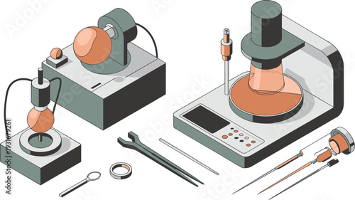 Isometric scientific laboratory equipment illustration with testing apparatus microscope tools instruments detailed isolated white background