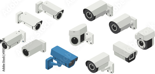 Isometric surveillance security cameras collection with CCTV monitoring devices outdoor indoor systems isolated white background illustration