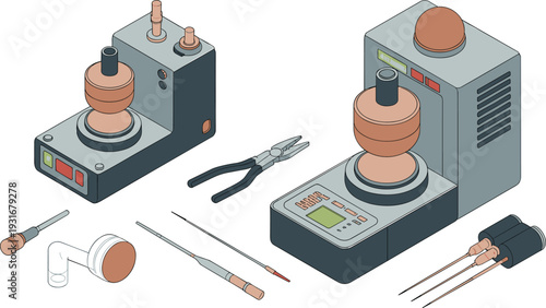Isometric scientific laboratory equipment set with testing machine electrodes pliers tools detailed illustration isolated white background