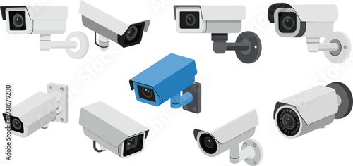 Isometric surveillance security cameras set with CCTV outdoor monitoring devices illustration isolated white background