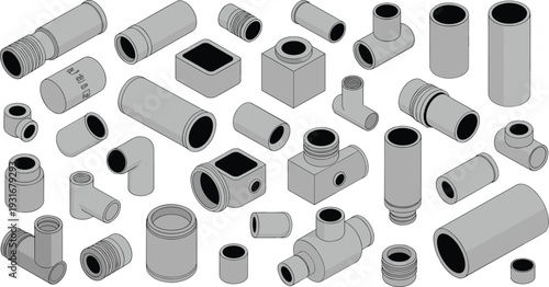 Isometric technical pipe fittings and threaded connectors set with elbows tees couplings industrial components isolated white
