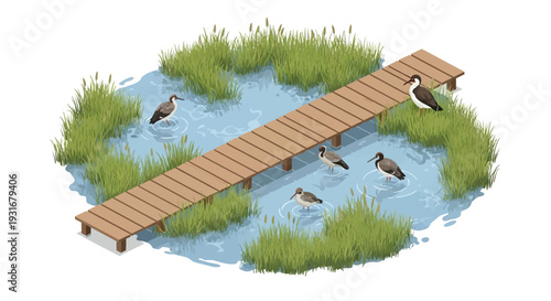 Isometric illustration of a wooden boardwalk over wetlands with birds and lush greenery on a world wetlands day concept map