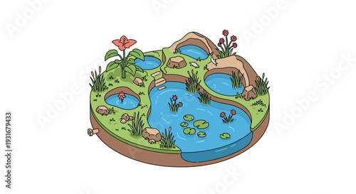 Isometric illustration of a vibrant wetlands ecosystem with diverse wildlife, featuring a bird, river, and lush vegetation on a map, highlighting conservation and ecology on World Wetlands