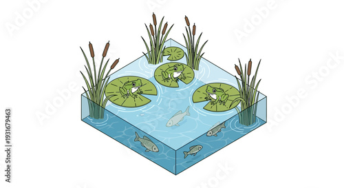 Isometric illustration of a serene wetland ecosystem with lily pads, water plants, and aquatic life on a 3D map for conservation and ecology concept