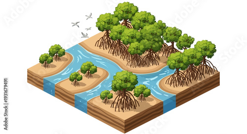 Isometric illustration of a wetlands ecosystem with trees, river, and wildlife on a 3D earth map, promoting conservation and ecology