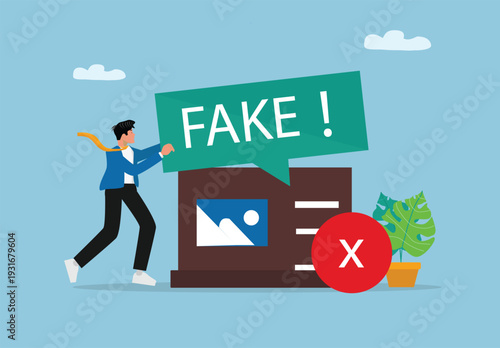 Businessman Pointing at Fake Content Warning with Speech Bubble and Red Cross Symbol for Misinformation, Disinformation, Digital Media, and Online Information Verification Concept Illustration