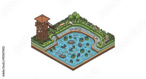 Isometric illustration of a serene wetland ecosystem with a bird, river, and tree on a map, promoting conservation and ecology on World Wetlands Day