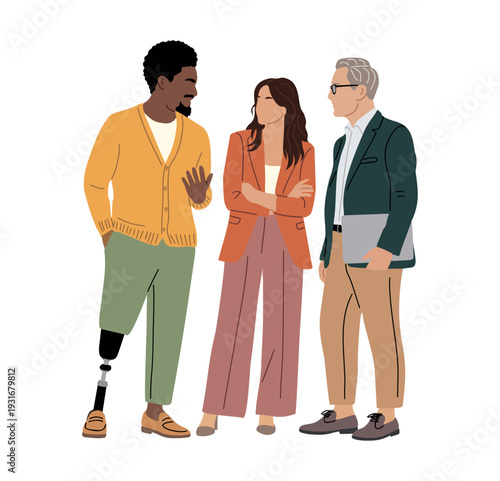 Flat vector illustration of three diverse professionals in discussion, including a man with a prosthetic leg, a woman in a rust blazer, and a man with a laptop, isolated on transparent background.