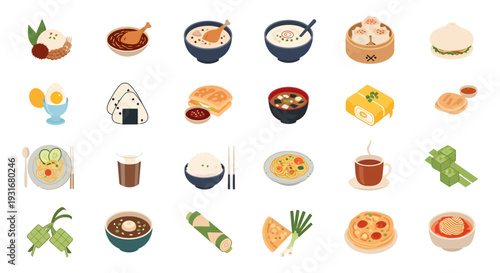 Isometric Asian and International Breakfast Food Icon Set: Nasi Lemak, Dim Sum, Ramen, and Traditional Dishes Collection