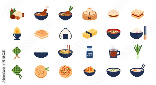 Asian Breakfast and Traditional Food Icon Set with Nasi Lemak, Dim Sum, Ramen, and Sushi