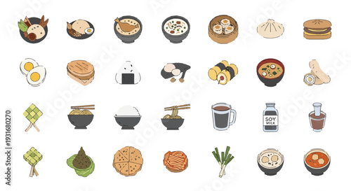 Asian Breakfast Food and Traditional Cuisine Icon Set, Vector Illustration of Oriental Meals including Dim Sum, Nasi Lemak, Ramen, Onigiri, and Soy Milk
