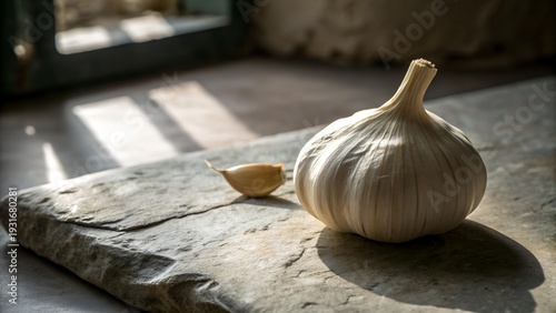 Garlic Bulb on Stone Surface
Whole Garlic in Natural Light on Rock Texture
Fresh Garlic Bulb on Rustic Stone Background