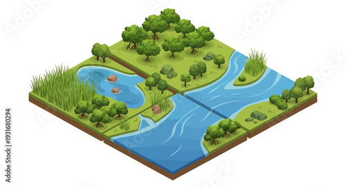 Isometric illustration of a river flowing through a lush green landscape with trees and people on World Wetlands Day, promoting conservation and ecology