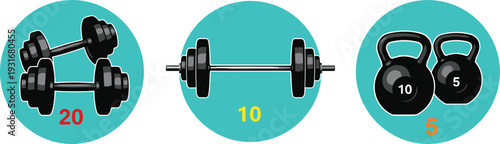 Gym Weight Icon Set with Dumbbells Barbell and Kettlebell in Different Kilograms for Strength Training Fitness Workout and Sports Design.