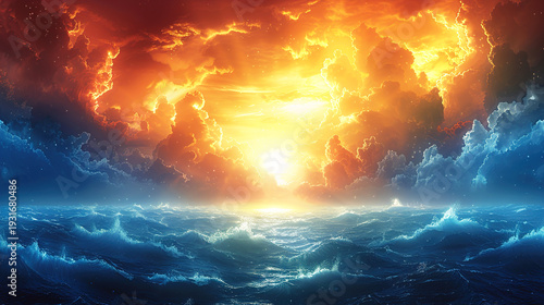 vibrant sunrise or sunset over the ocean Sunset stormy, dramatic view