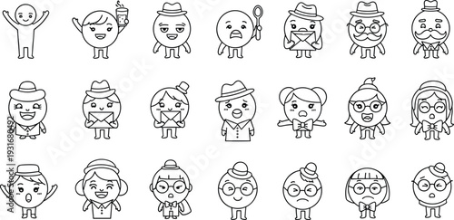 Cute Hand Drawn Cartoon Avatar Characters Set with Different Professions Emotions and Accessories Line Art Vector Collection